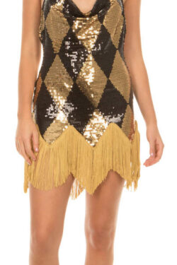 Harley Quinn Sequin Chemise Costume Dress with Fringe - Gold/Black - 2X