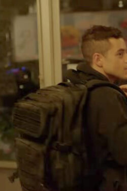 Black backpack worn by Rami Malek as Elliot Alderson in Mr Robot